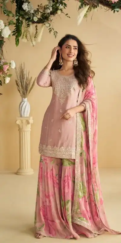 Glowing Pink Chinon Sequence Work Salwar Suit