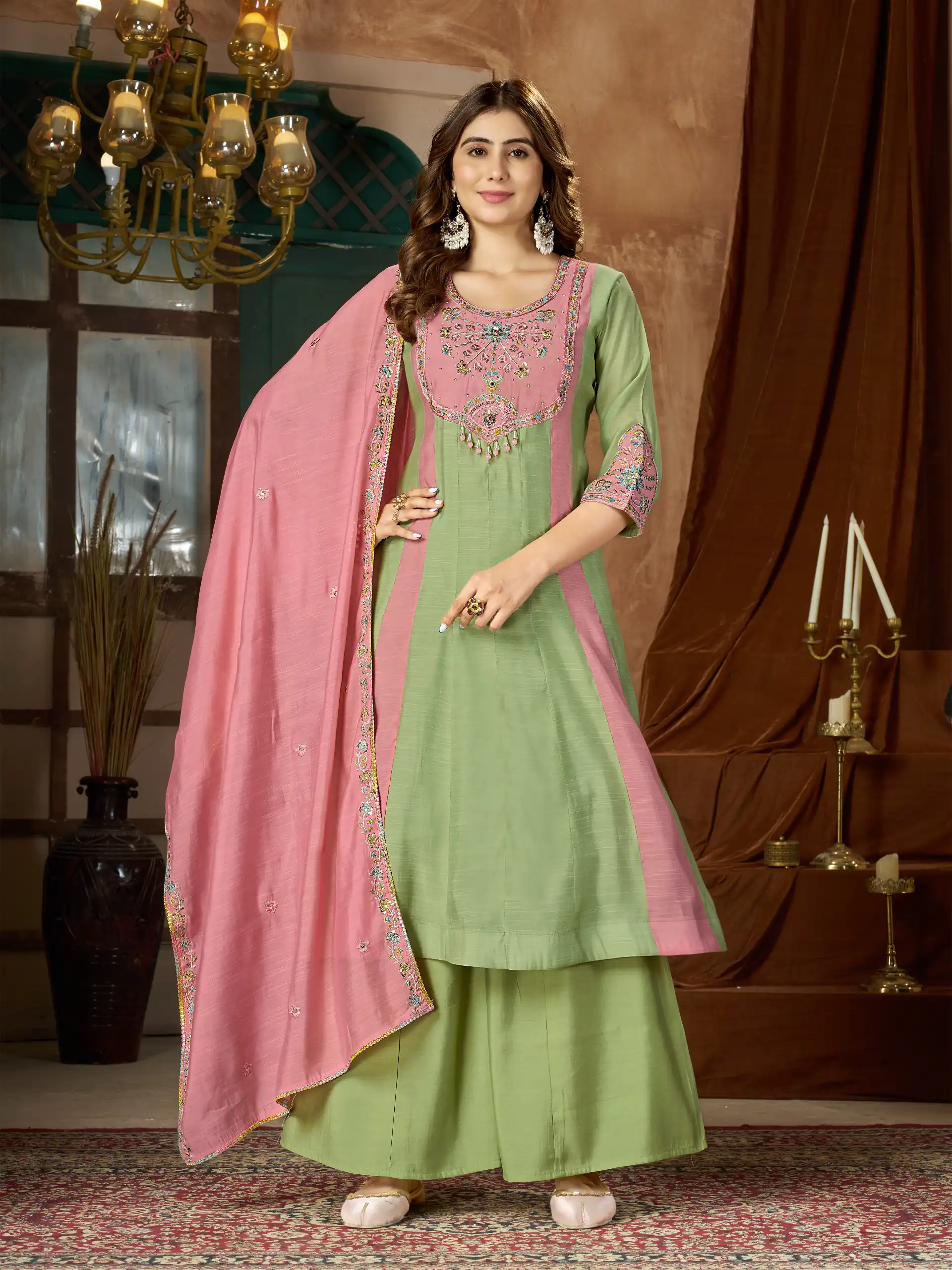 Glowing Pista Mal Chanderi Hand Work Salwar Suit