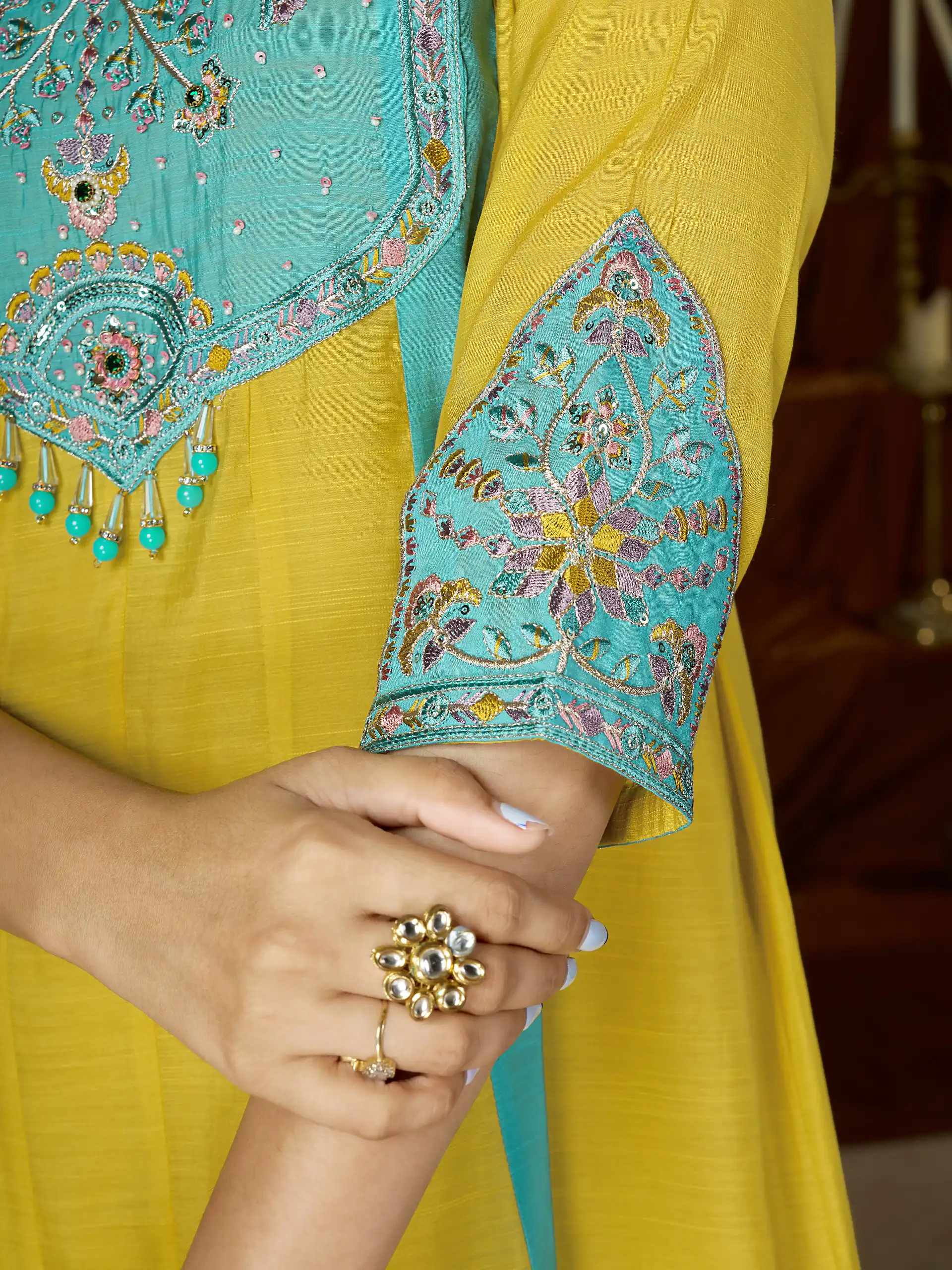Glowing Yellow Mal Chanderi Hand Work Salwar Suit - Image 4