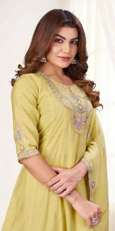 Alternative view of Glowing Yellow Mal Chanderi With Thread Work Salwar Suit