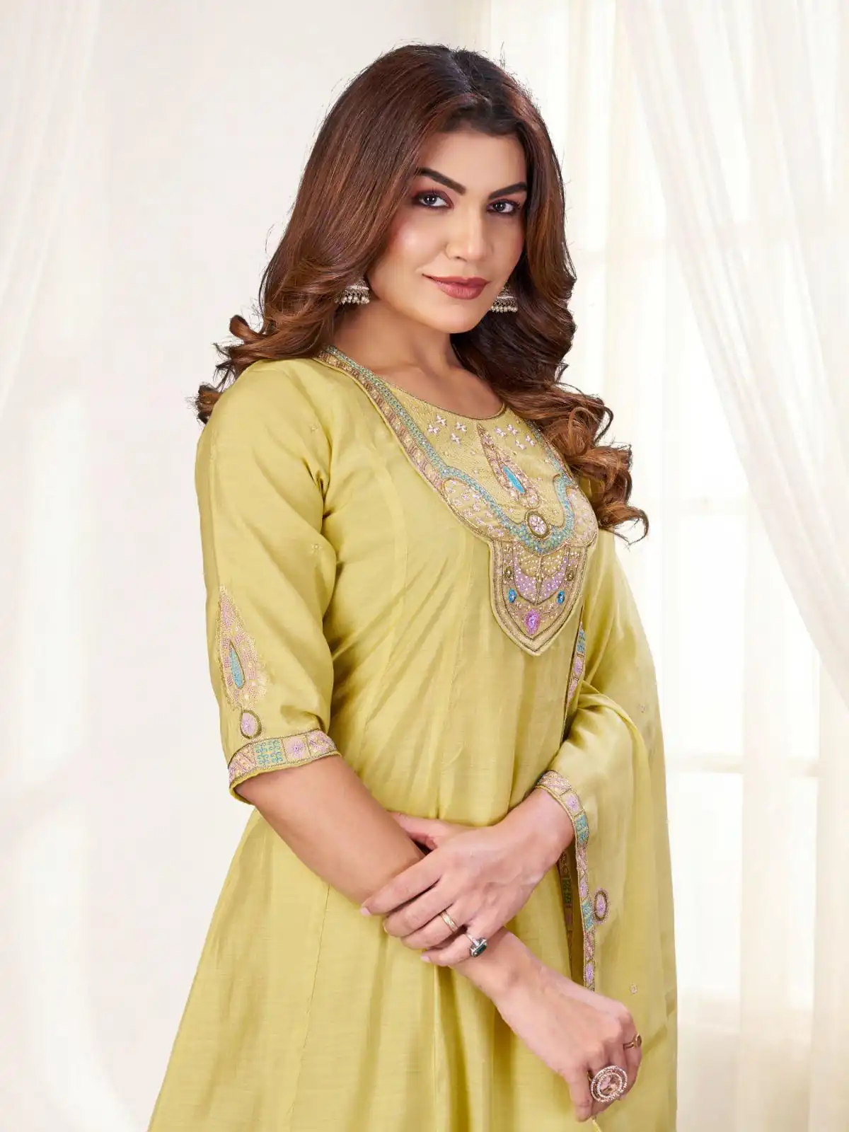 Glowing Yellow Mal Chanderi With Thread Work Salwar Suit - Image 2