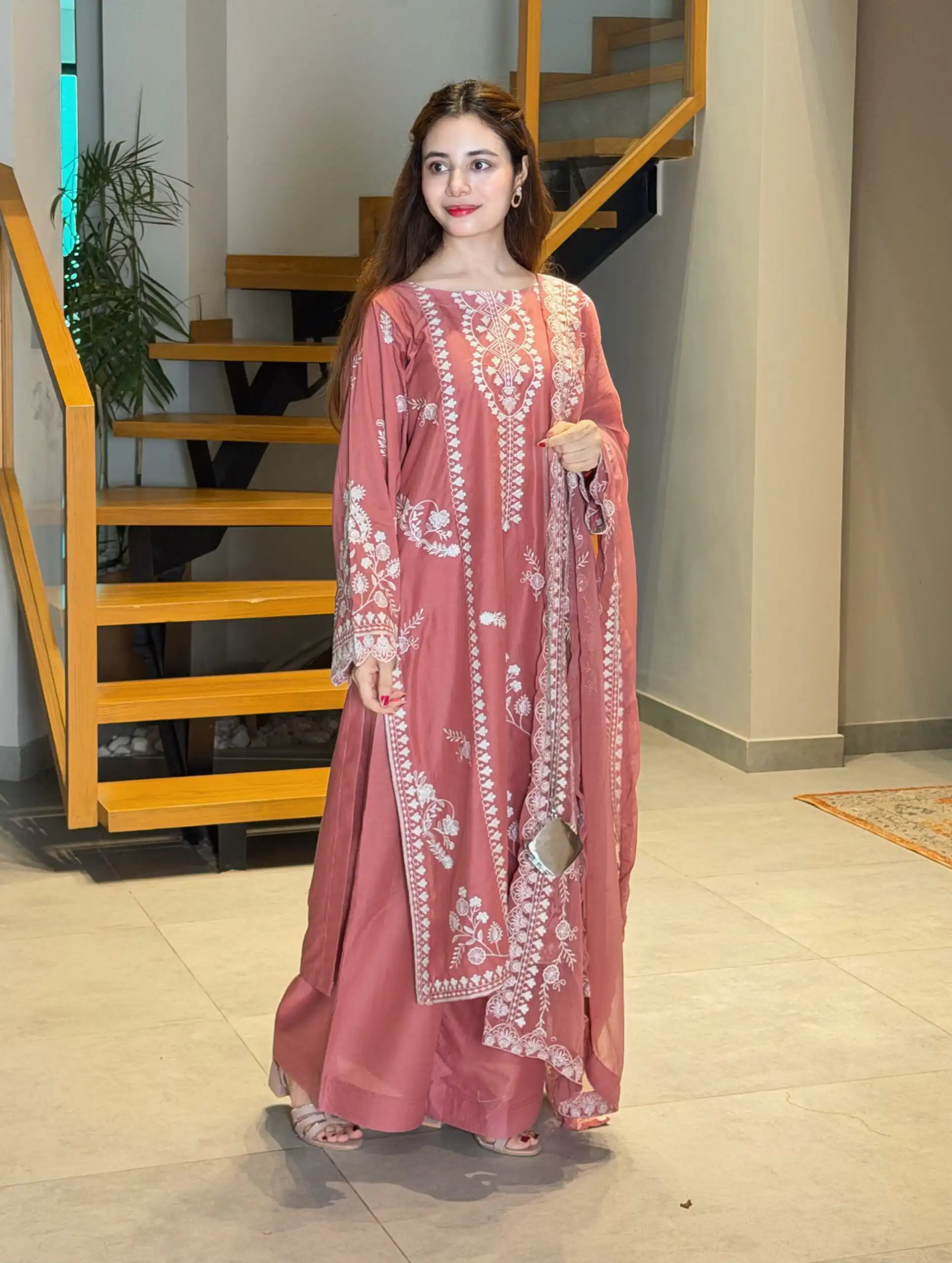 Graceful Peach Mul Chanderi Embroidery Work Salwar Suit - Image 3