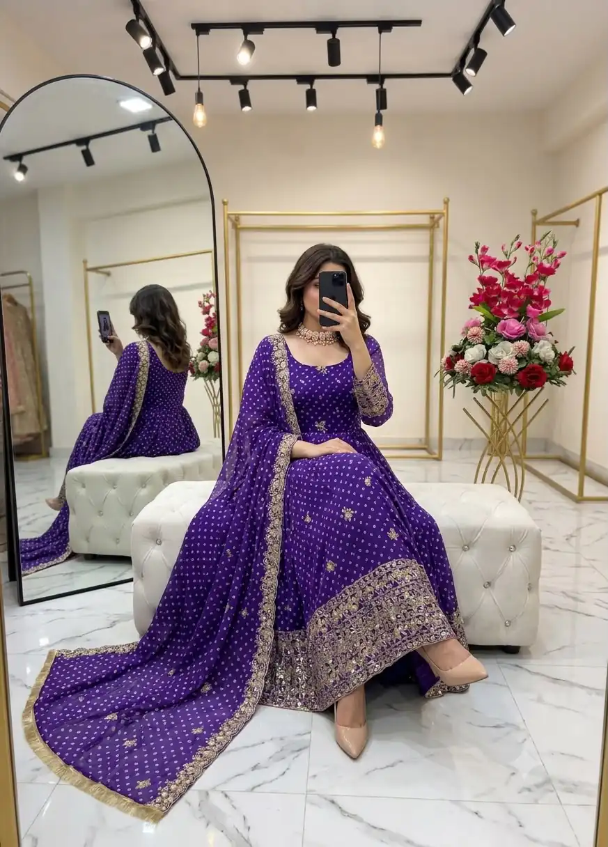 Great Purple Bandhani Print With Embroidery Work Gown - Image 2