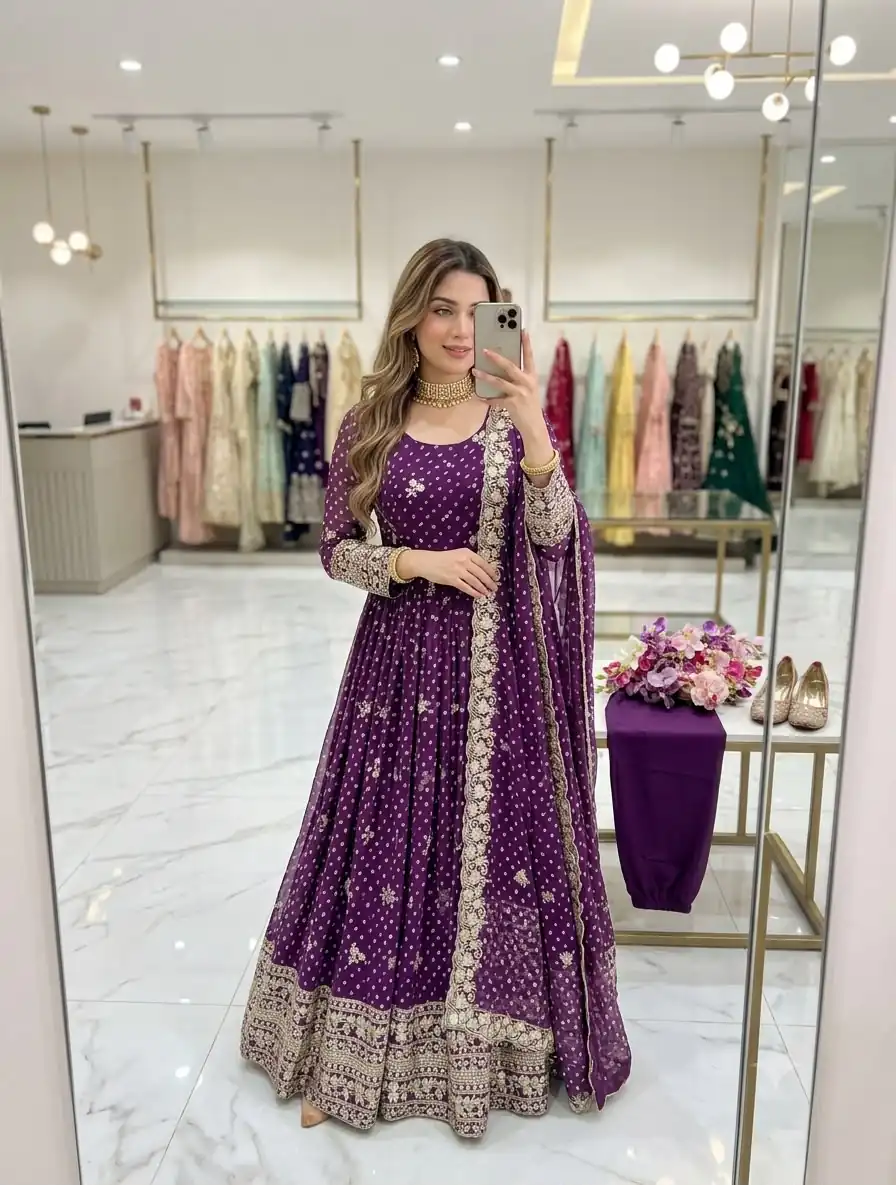 Great Wine Bandhani Print With Embroidery Work Gown - Image 3