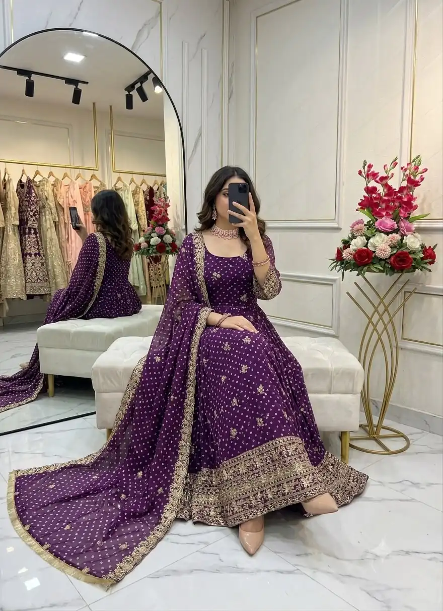 Great Wine Bandhani Print With Embroidery Work Gown - Image 2