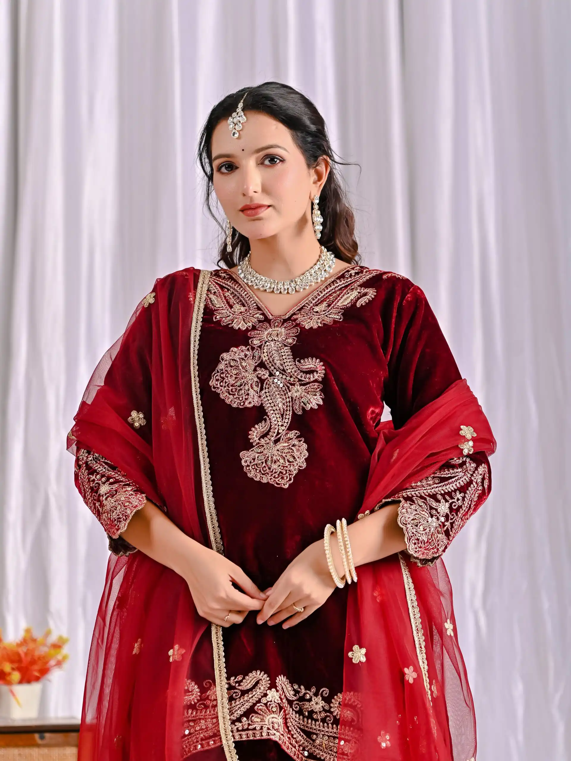 Lovely Maroon Viscose Velvet Embroider Work Salwar Suit - Image 6
