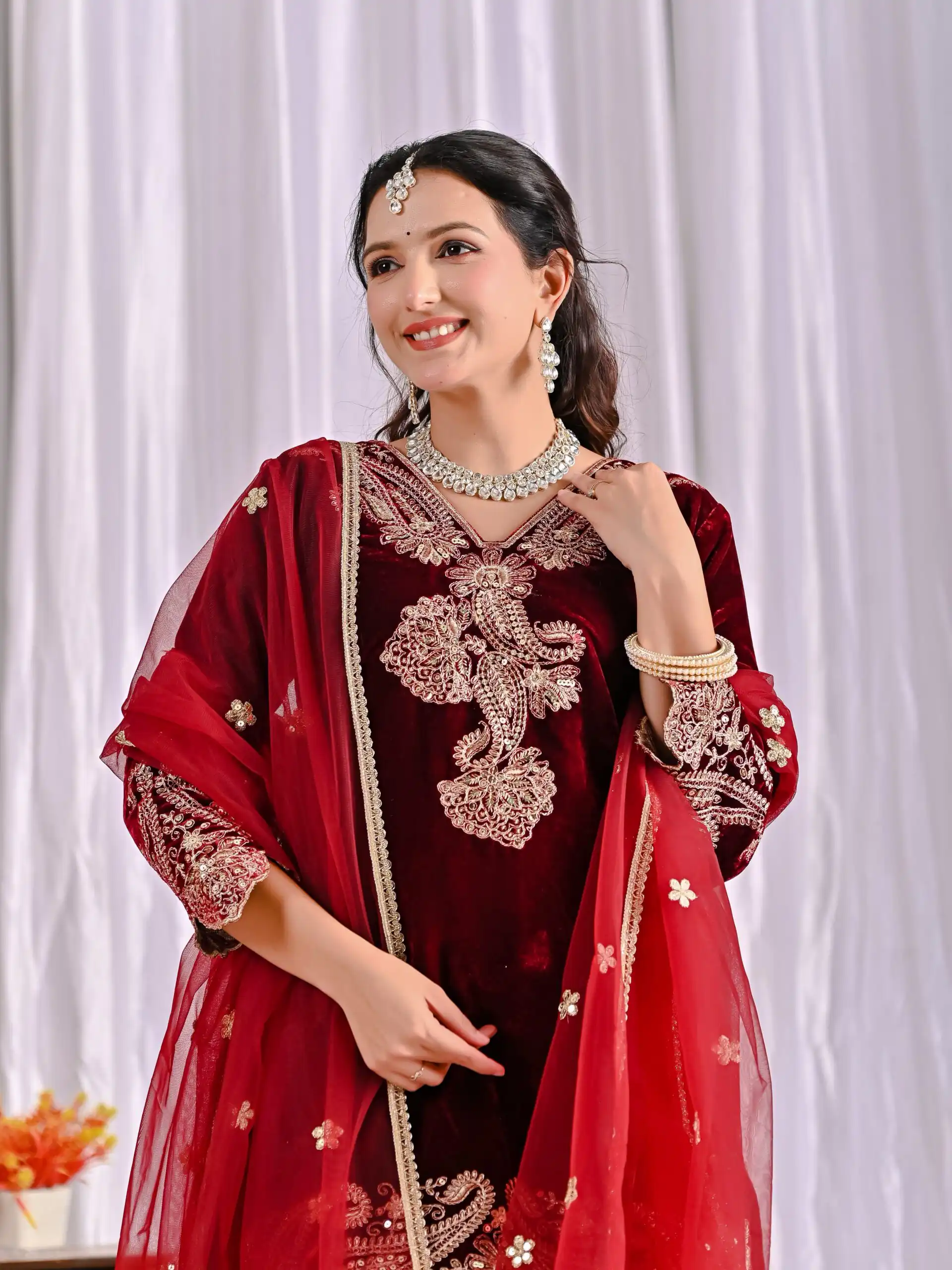 Lovely Maroon Viscose Velvet Embroider Work Salwar Suit - Image 4