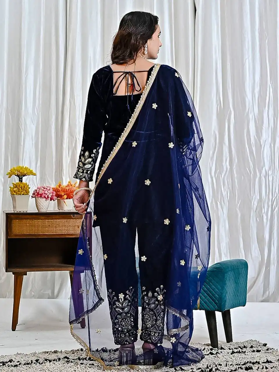 Lovely Navy Blue Viscose Velvet Embroider Work Salwar Suit - Image 5