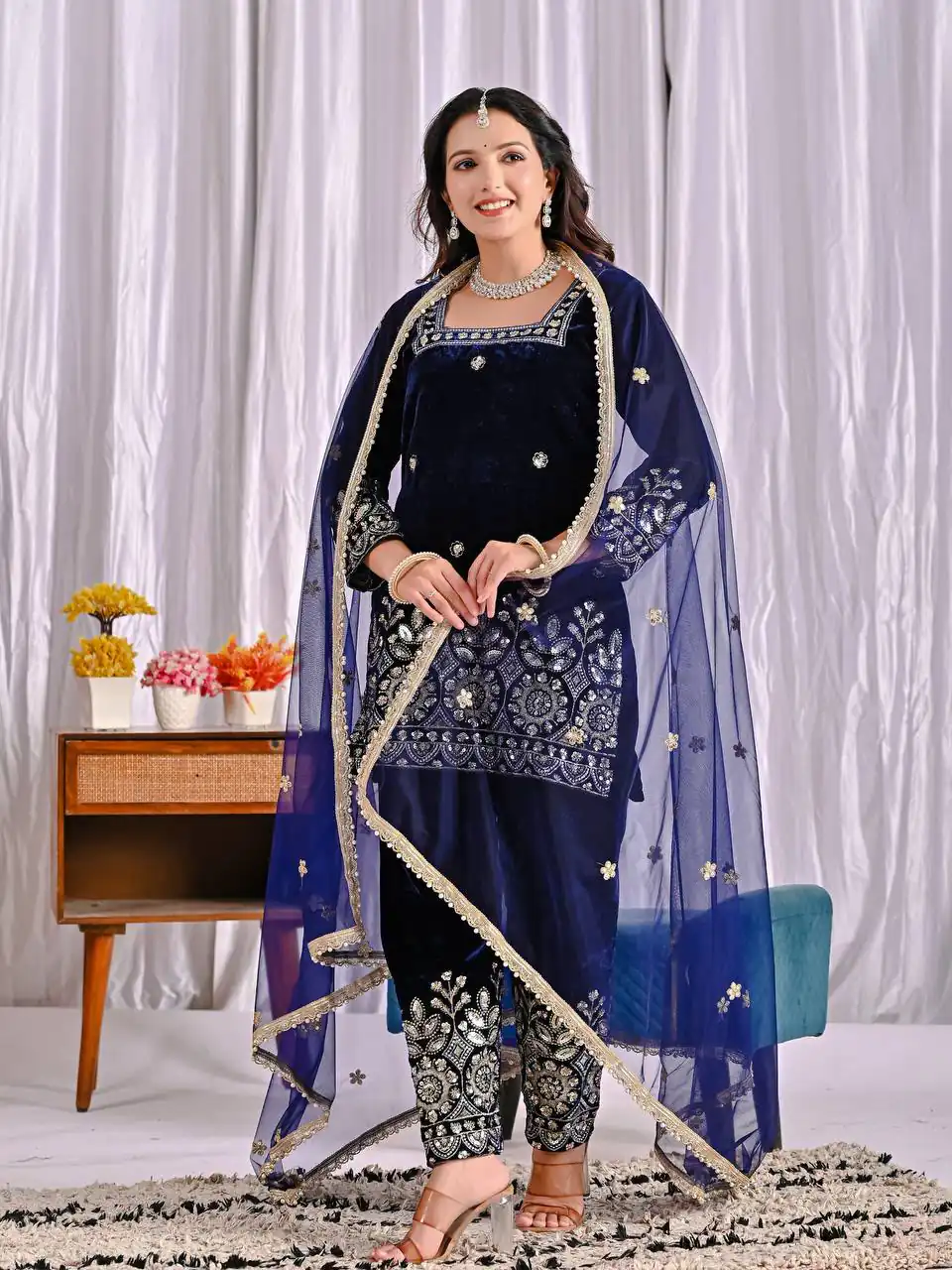 Lovely Navy Blue Viscose Velvet Embroider Work Salwar Suit - Image 4