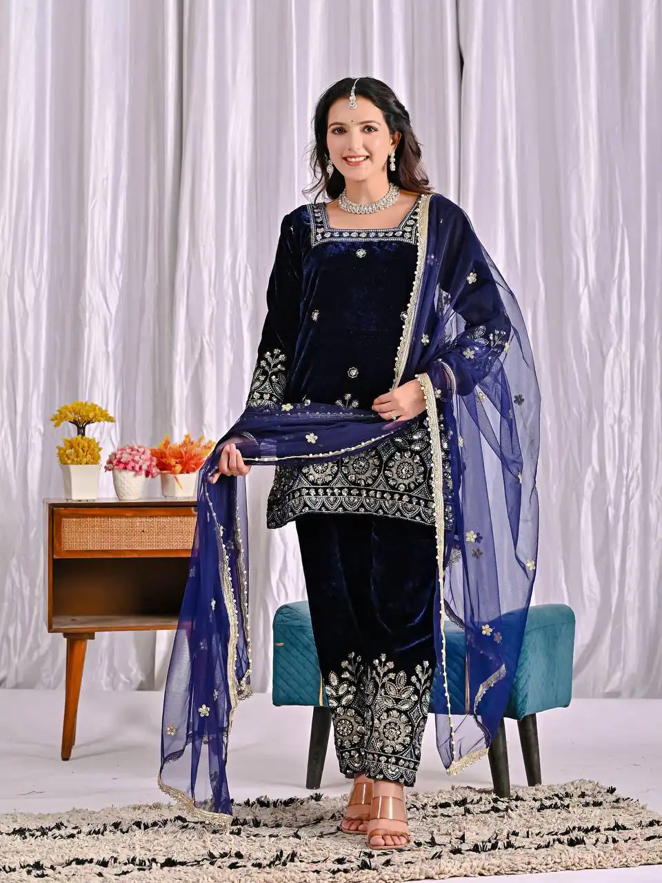 Lovely Navy Blue Viscose Velvet Embroider Work Salwar Suit - Image 3