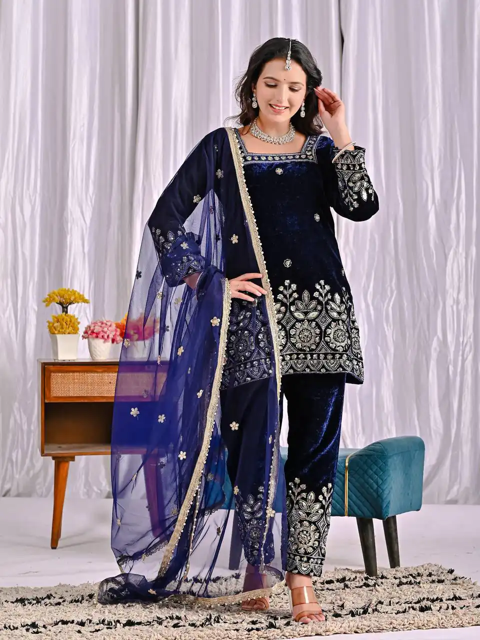 Lovely Navy Blue Viscose Velvet Embroider Work Salwar Suit - Image 2