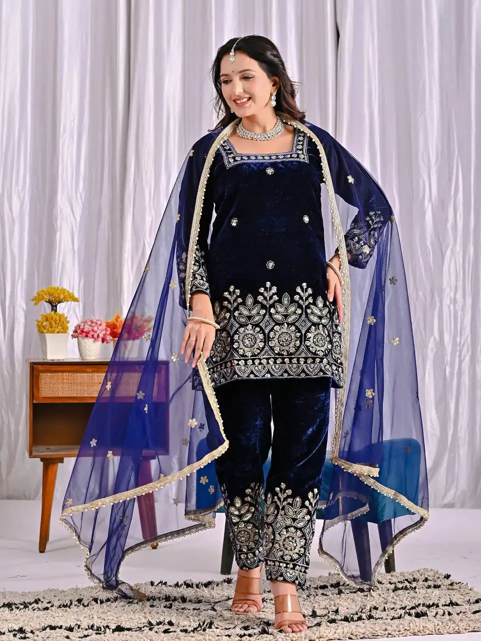 Lovely Navy Blue Viscose Velvet Embroider Work Salwar Suit
