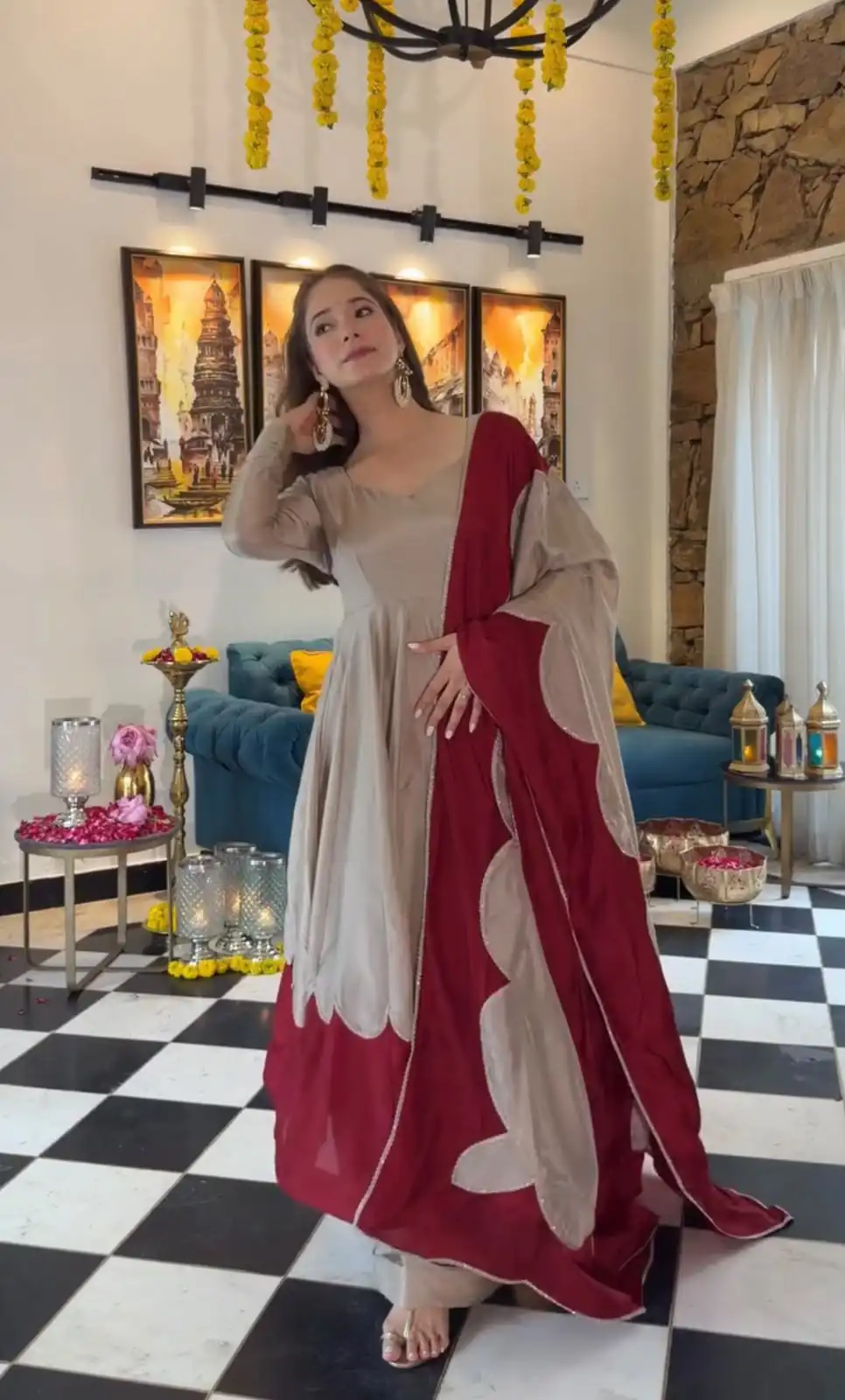 Lovely Off White Roman Silk Embroidery Work Gown - Image 6