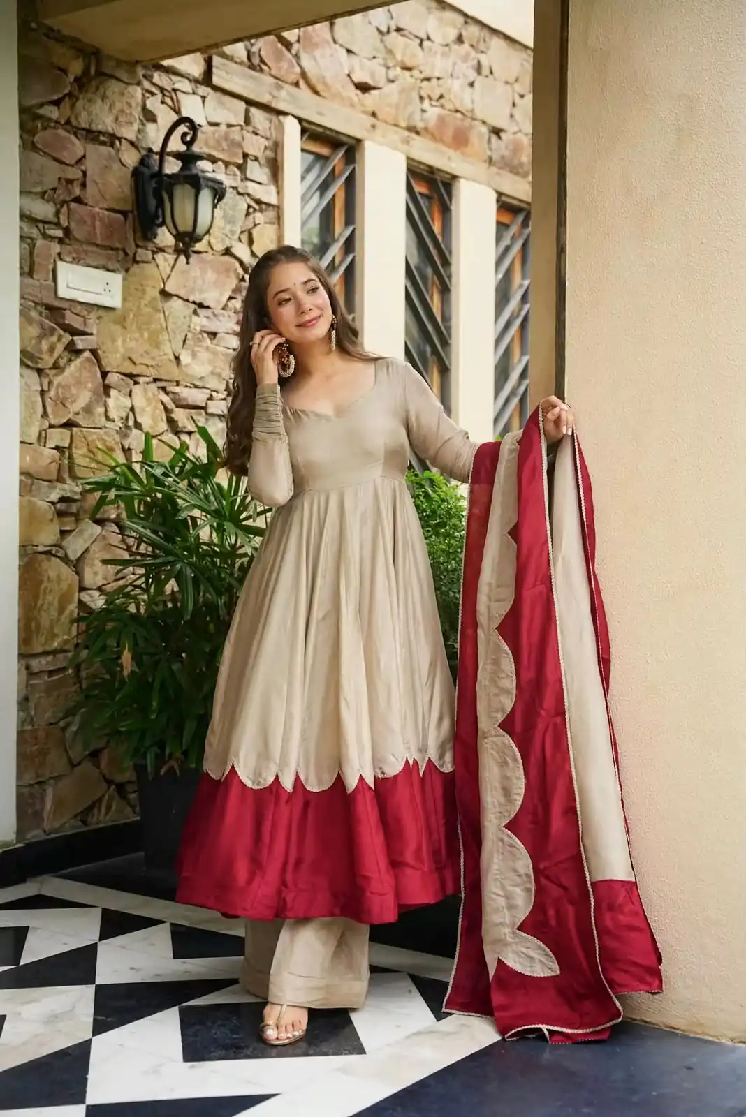 Lovely Off White Roman Silk Embroidery Work Gown