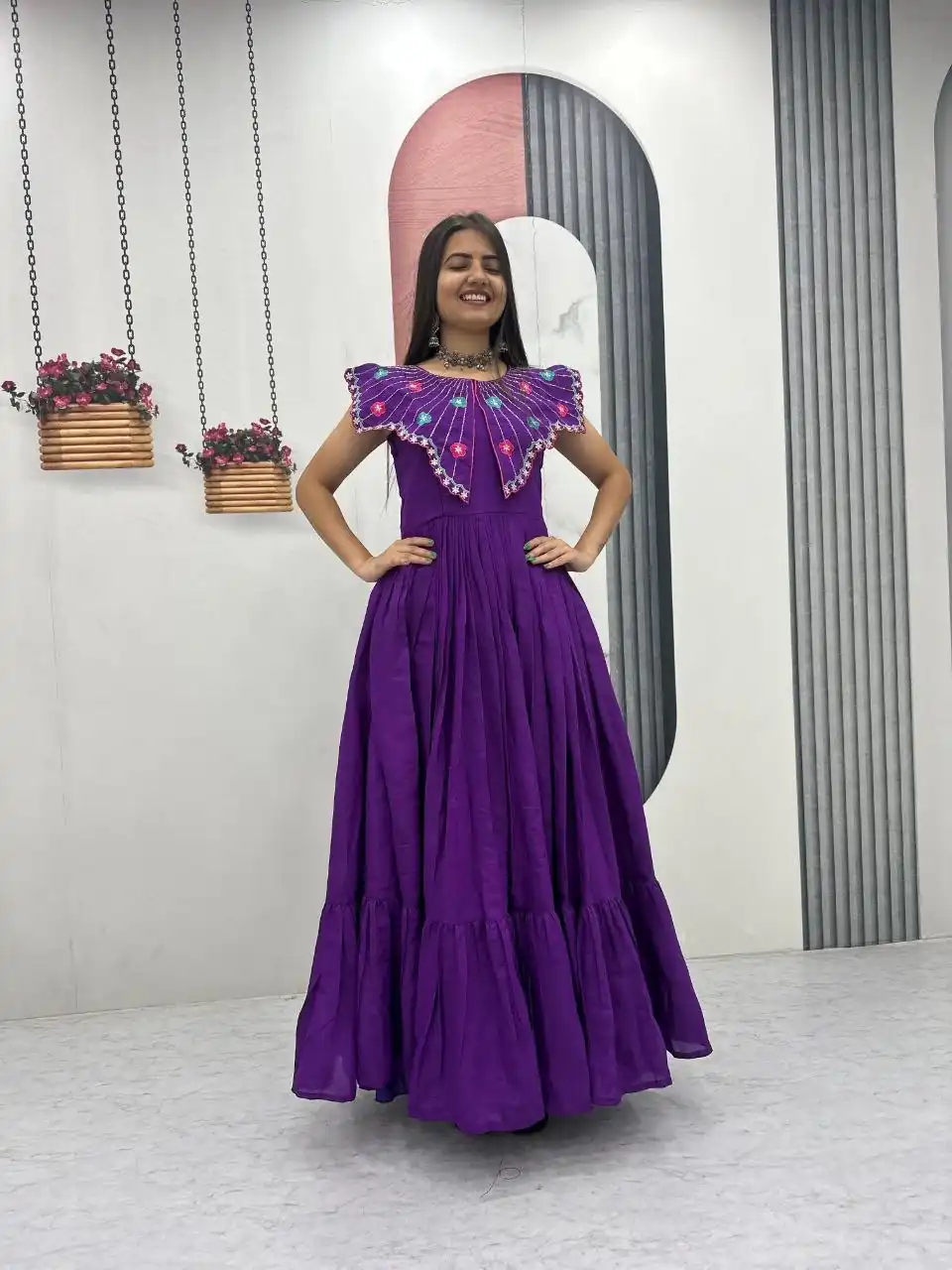 Lovely Purple Roman Thread Khatli Work Gown - Image 4