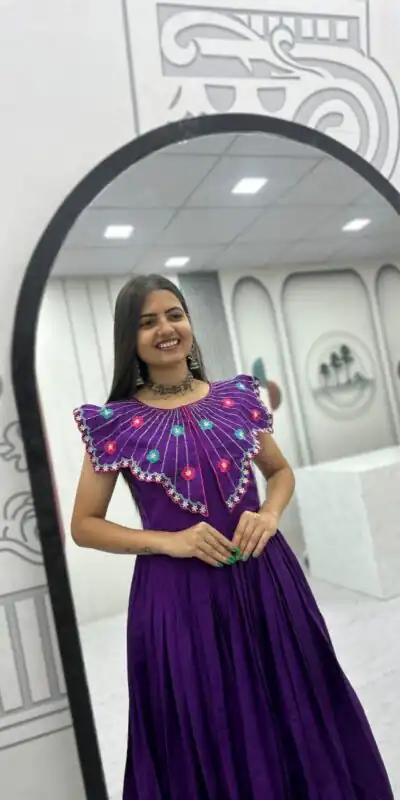 Alternative view of Lovely Purple Roman Thread Khatli Work Gown