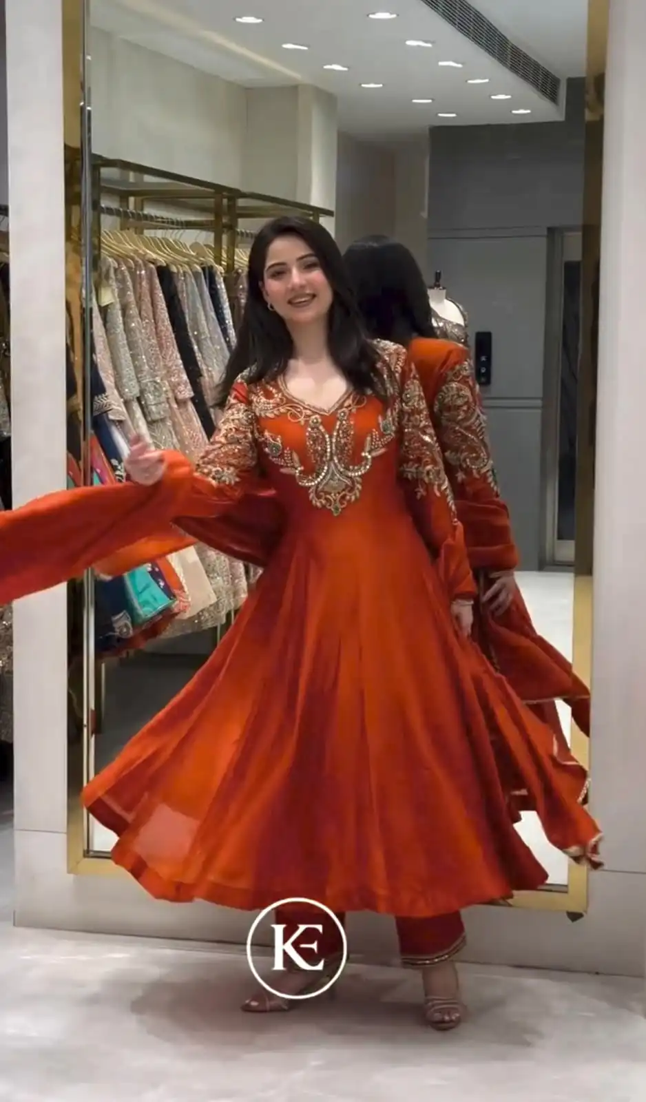 Lovely Rust Roman Silk Beads Embroidery Work Gown - Image 6