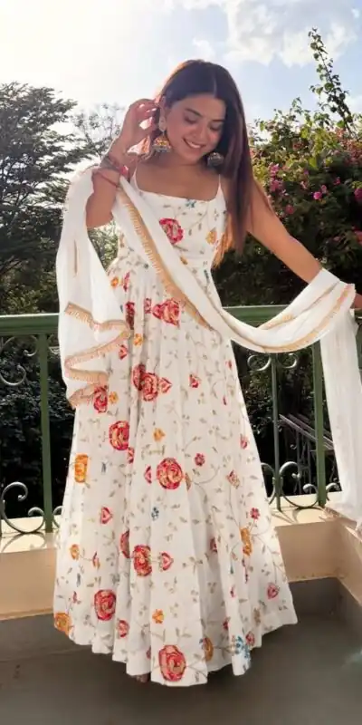 Lovely White Crushi Silk Hand Embroidery Work Anarkali Suit