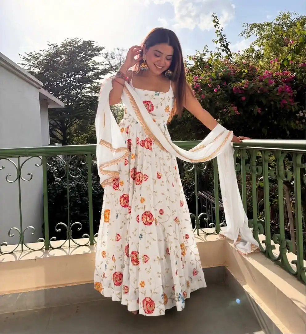 Lovely White Crushi Silk Hand Embroidery Work Anarkali Suit