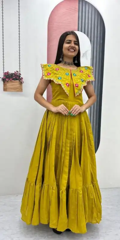 Alternative view of Lovely Yellow Roman Thread Khatli Work Gown