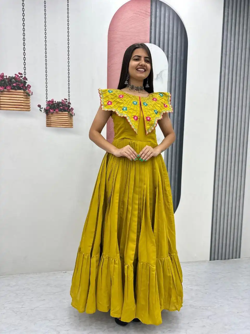 Lovely Yellow Roman Thread Khatli Work Gown - Image 2