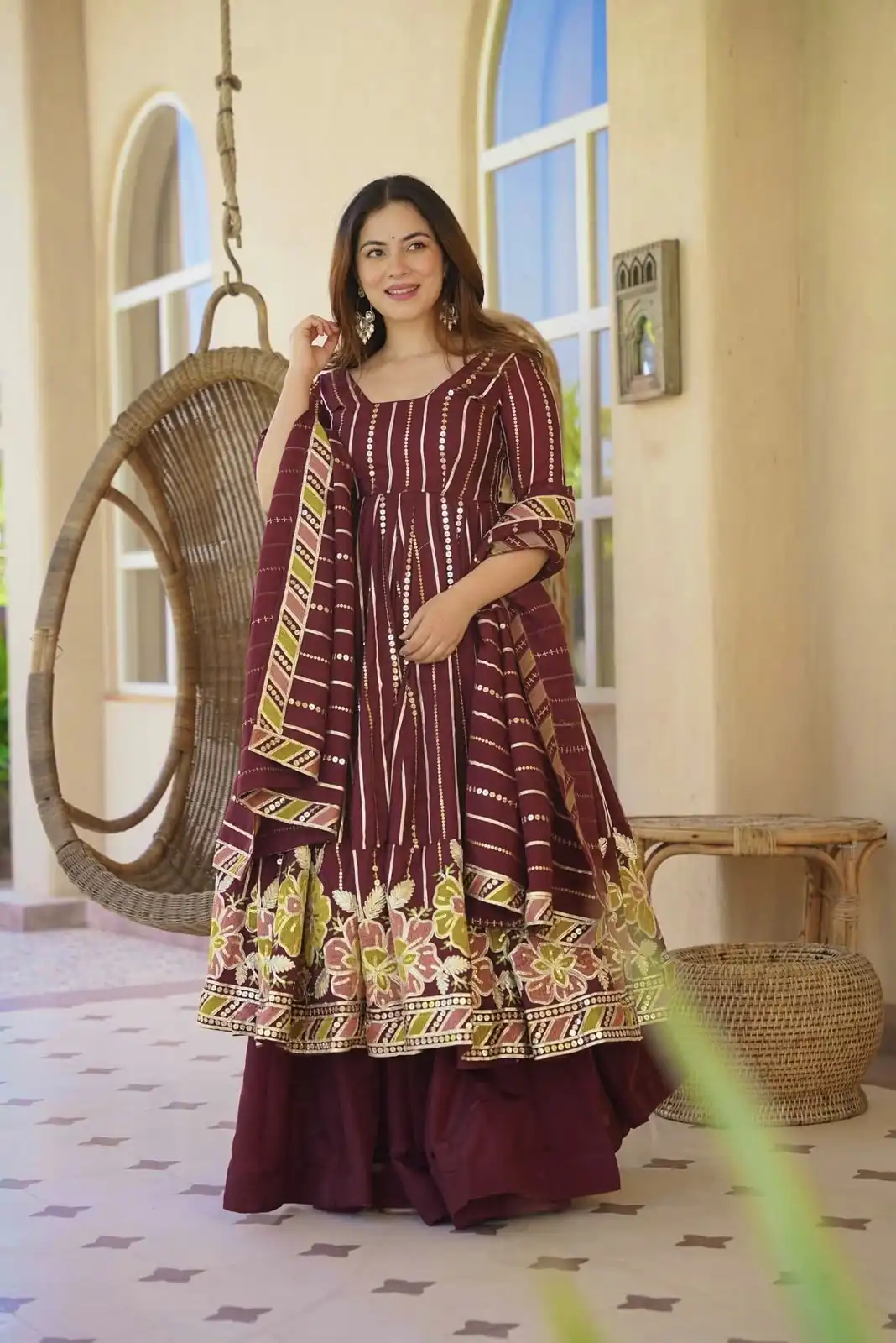 Nice Maroon Faux Georgette Embroidery Work Anarkali Suit - Image 5