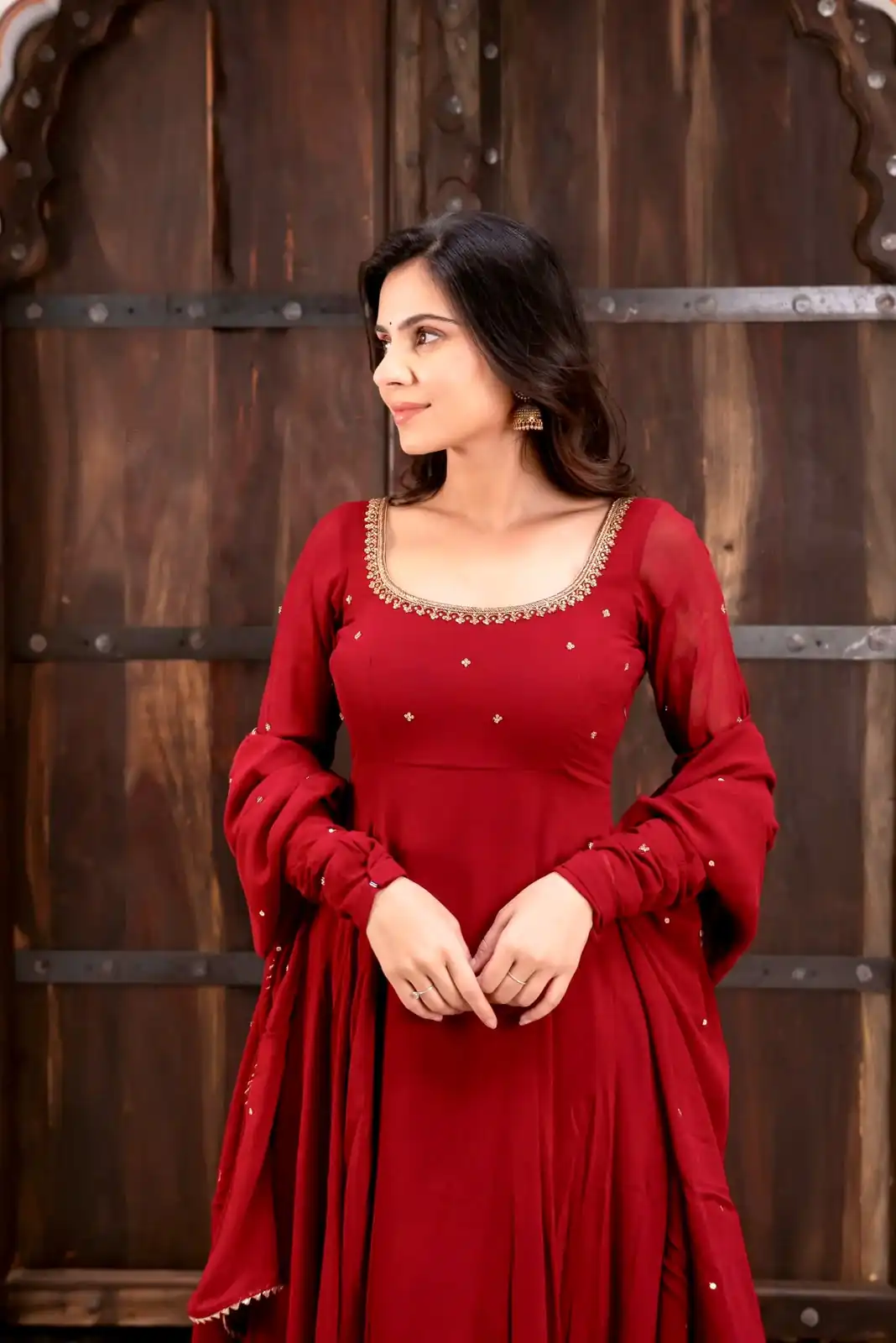 Nice Red Faux Georgette Sequence Work Anarkali Suit - Image 4