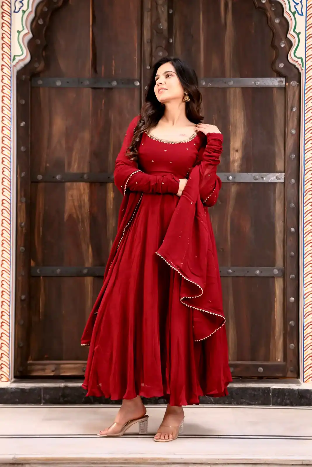 Nice Red Faux Georgette Sequence Work Anarkali Suit