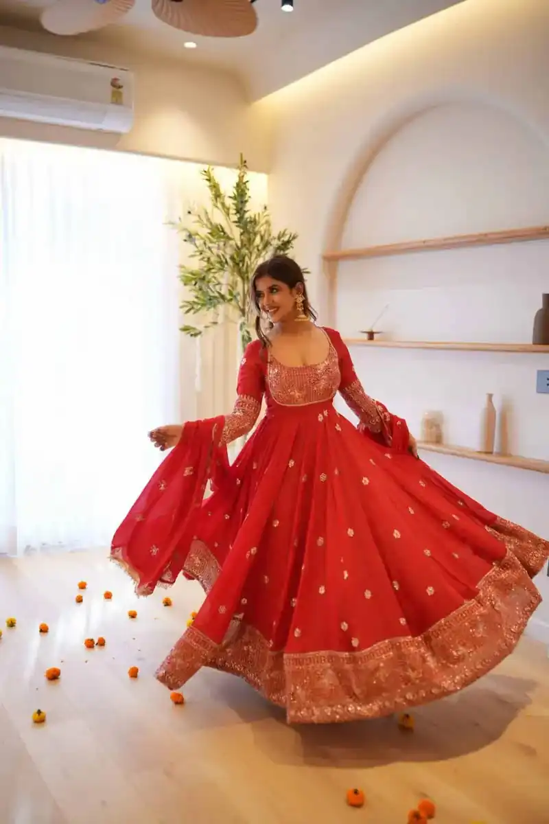 Nice Red Faux Georgette Thread Work Anarkali Suit