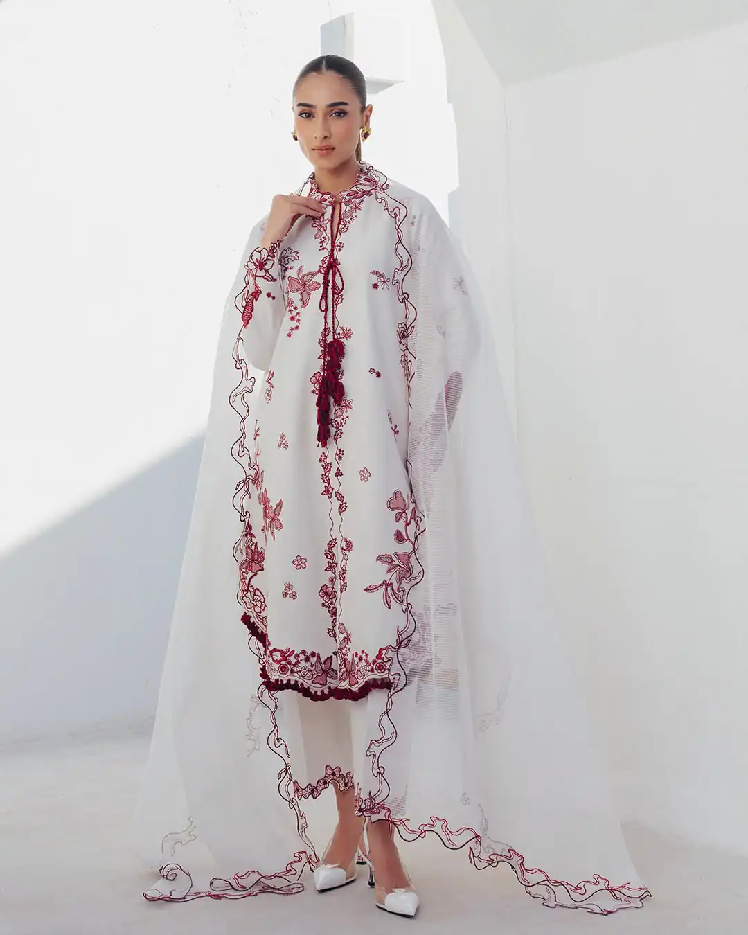 Nice White Roman Silk Embroidery Work Salwar Suit - Image 2