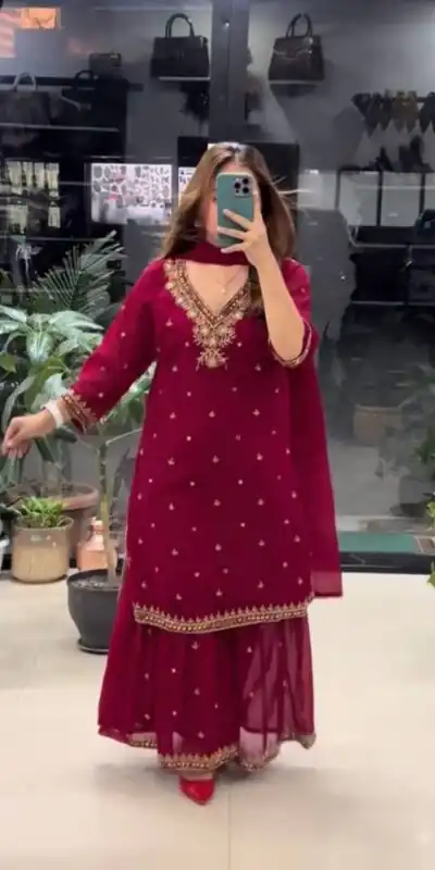 Alternative view of Perfect Maroon Faux Georgette Mirror Hand Work Salwar Suit