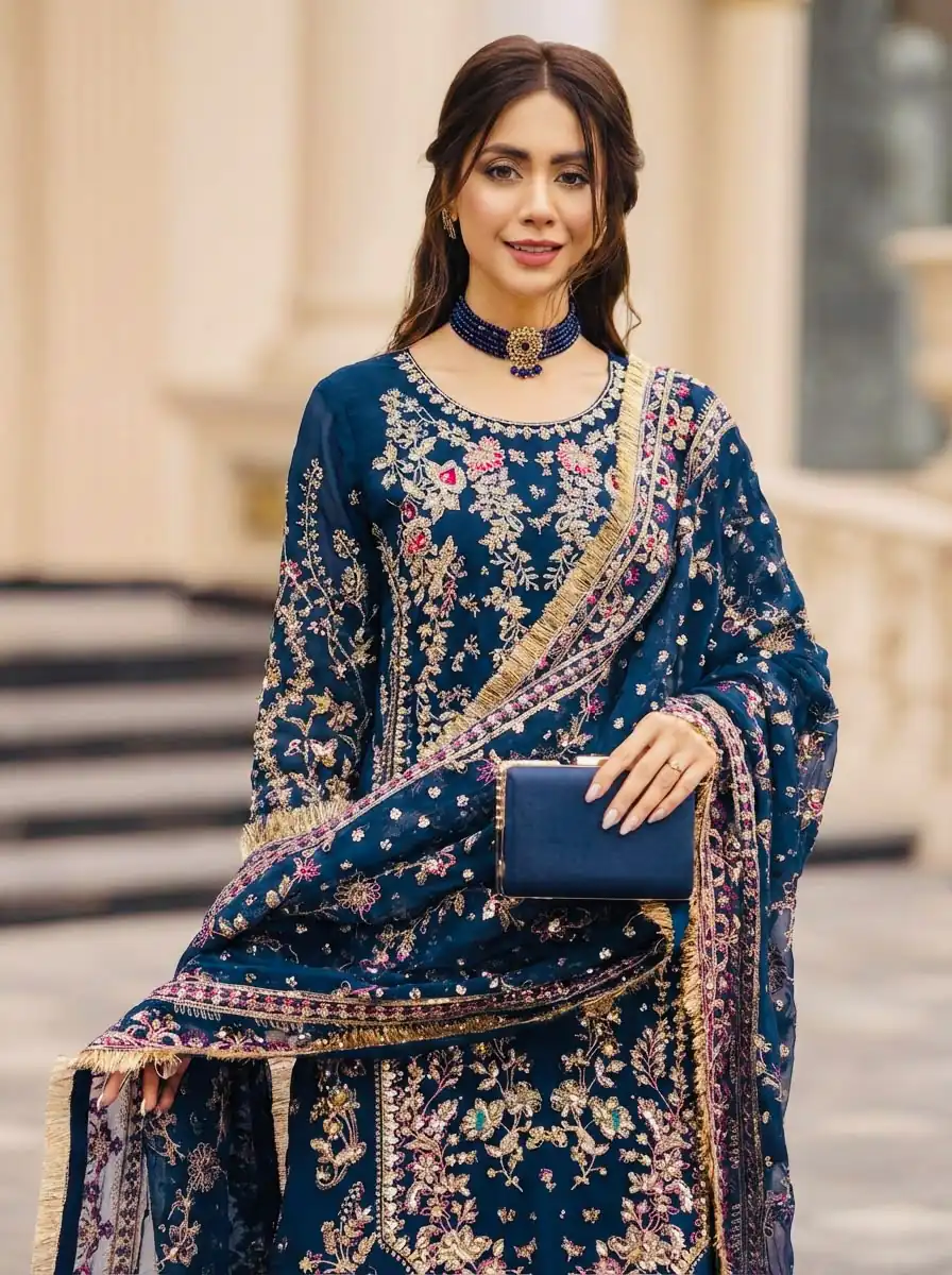 Perfect Teal Faux Georgette Thread Work Salwar Suit - Image 2