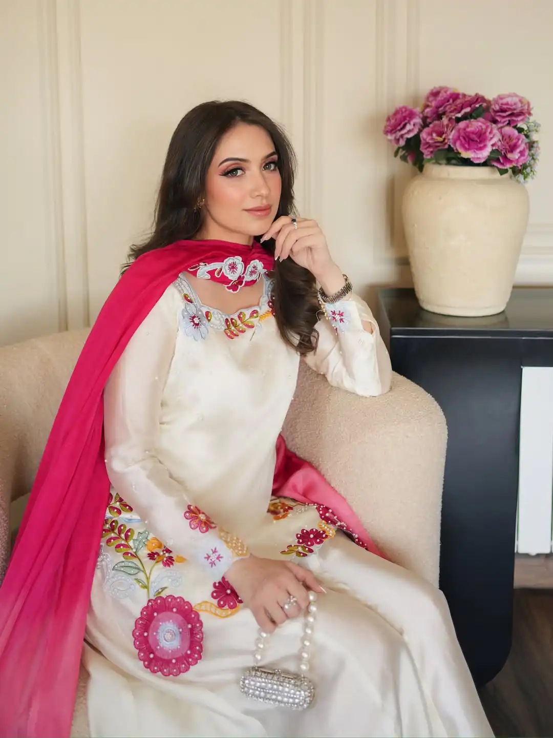 Pretty Off White Roman Glass Bids Work Salwar Suit - Image 4