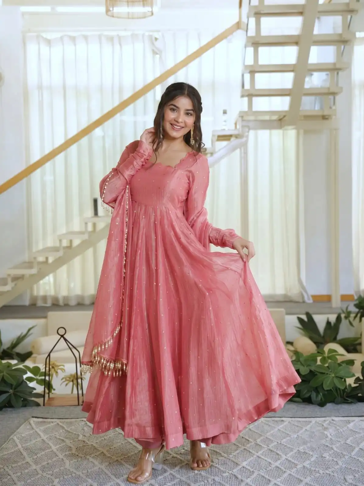 Pretty Peach Salsa Silk Embroidery Work Gown - Image 6