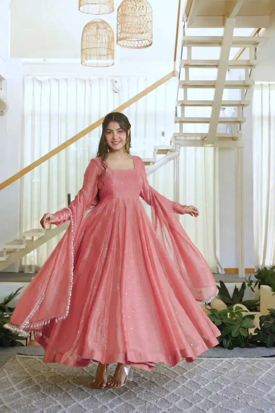 Pretty Peach Salsa Silk Embroidery Work Gown - Image 5