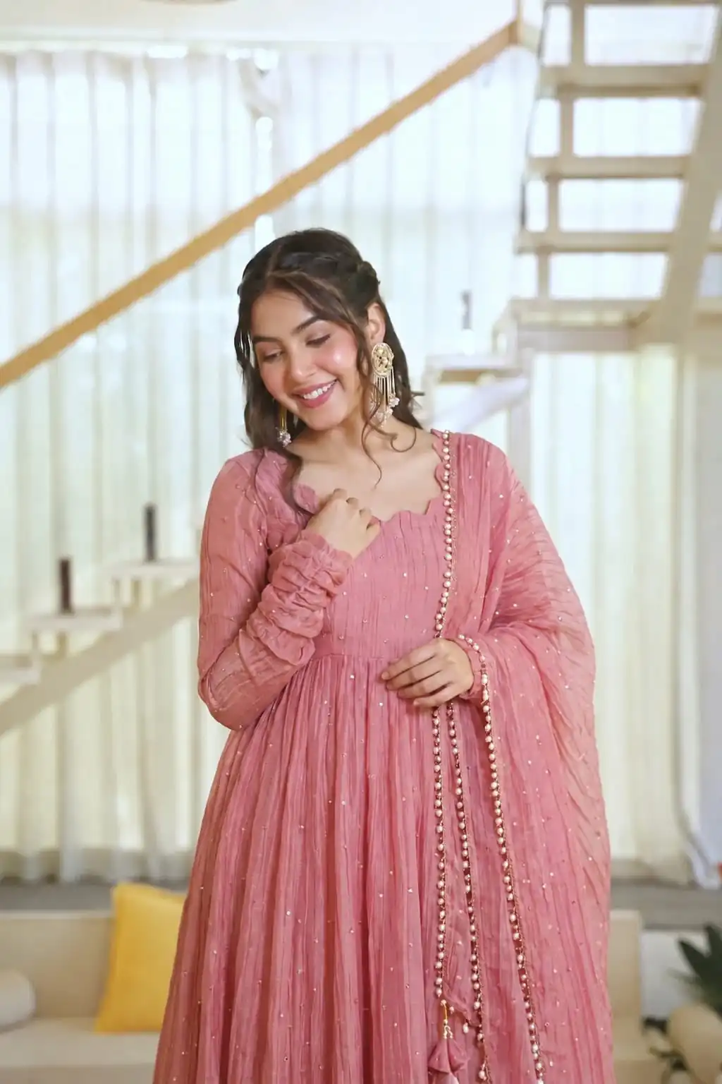 Pretty Peach Salsa Silk Embroidery Work Gown - Image 4
