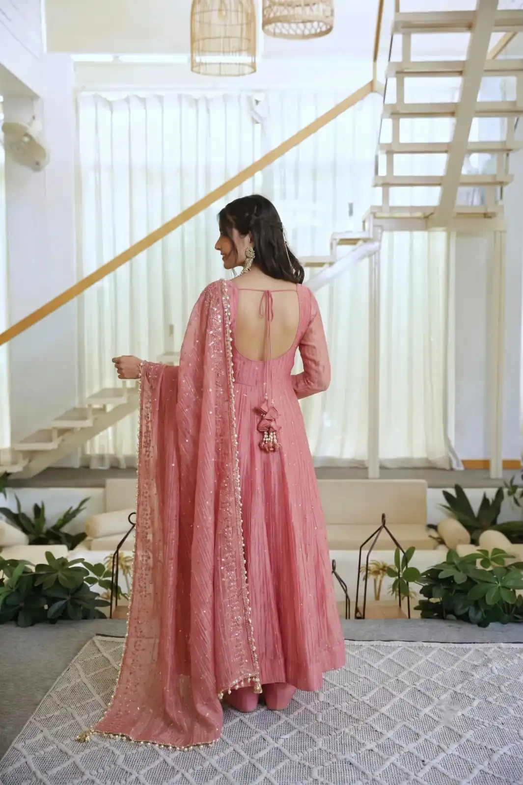 Pretty Peach Salsa Silk Embroidery Work Gown - Image 3