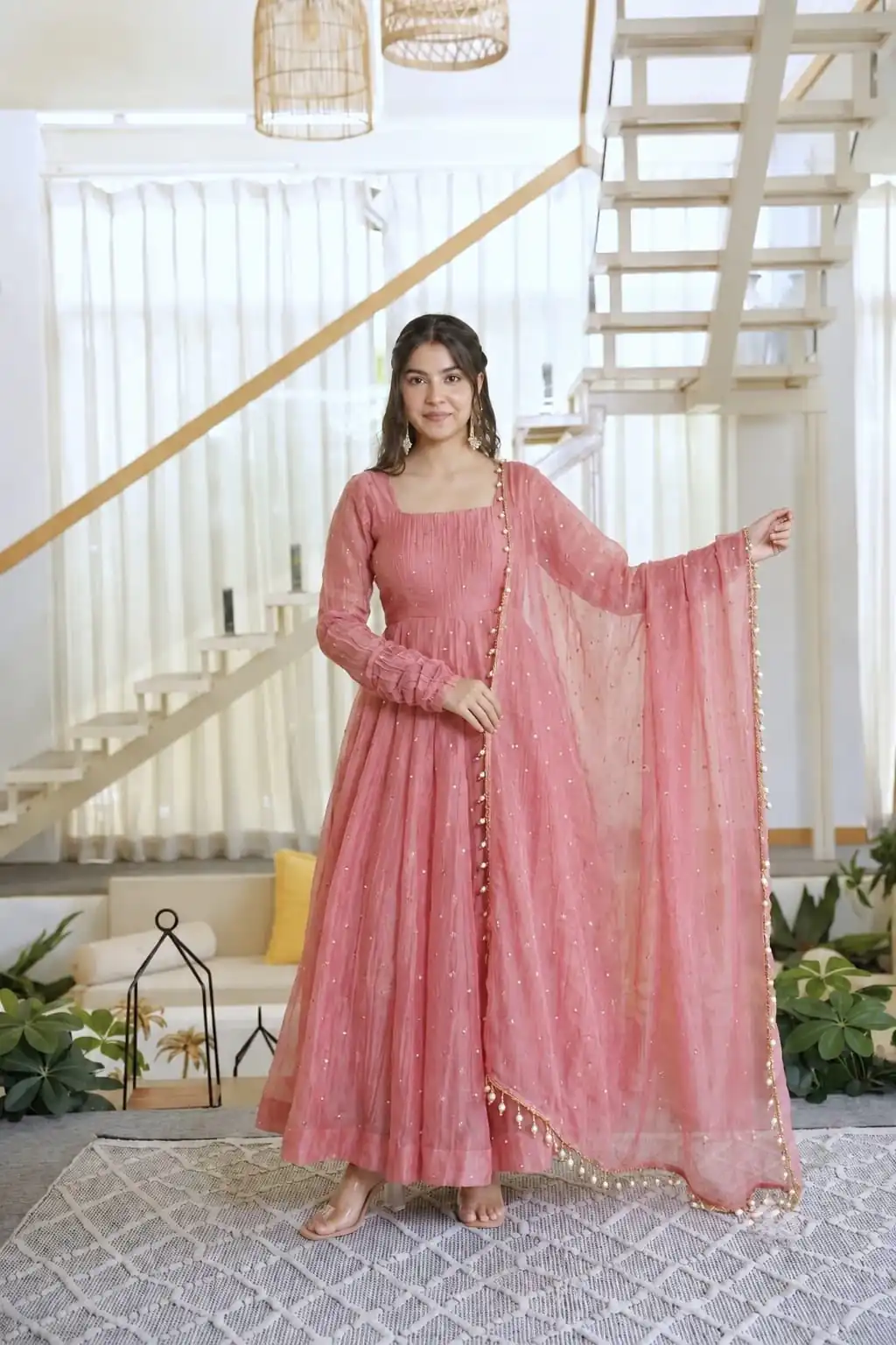 Pretty Peach Salsa Silk Embroidery Work Gown - Image 2