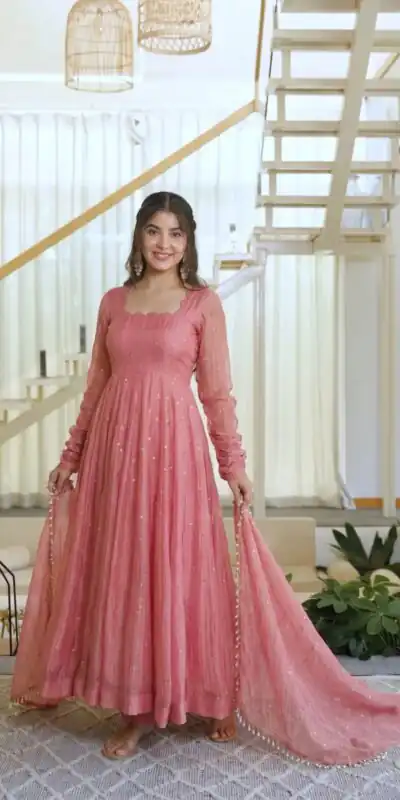 Pretty Peach Salsa Silk Embroidery Work Gown