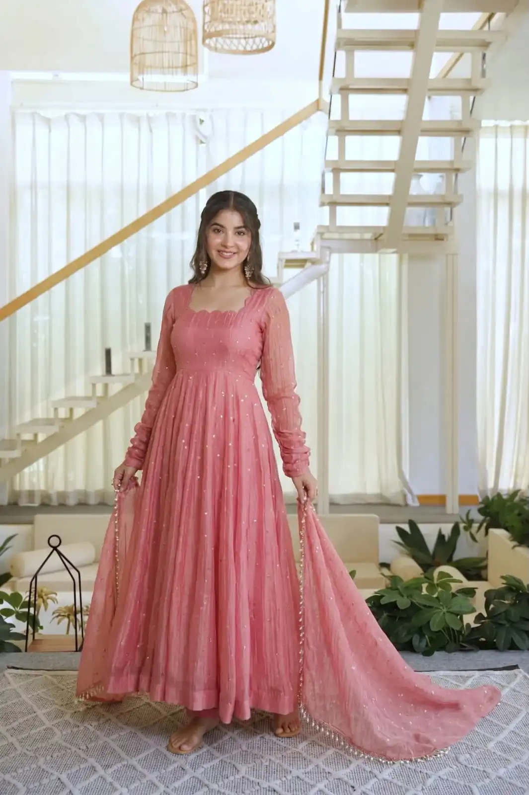 Pretty Peach Salsa Silk Embroidery Work Gown