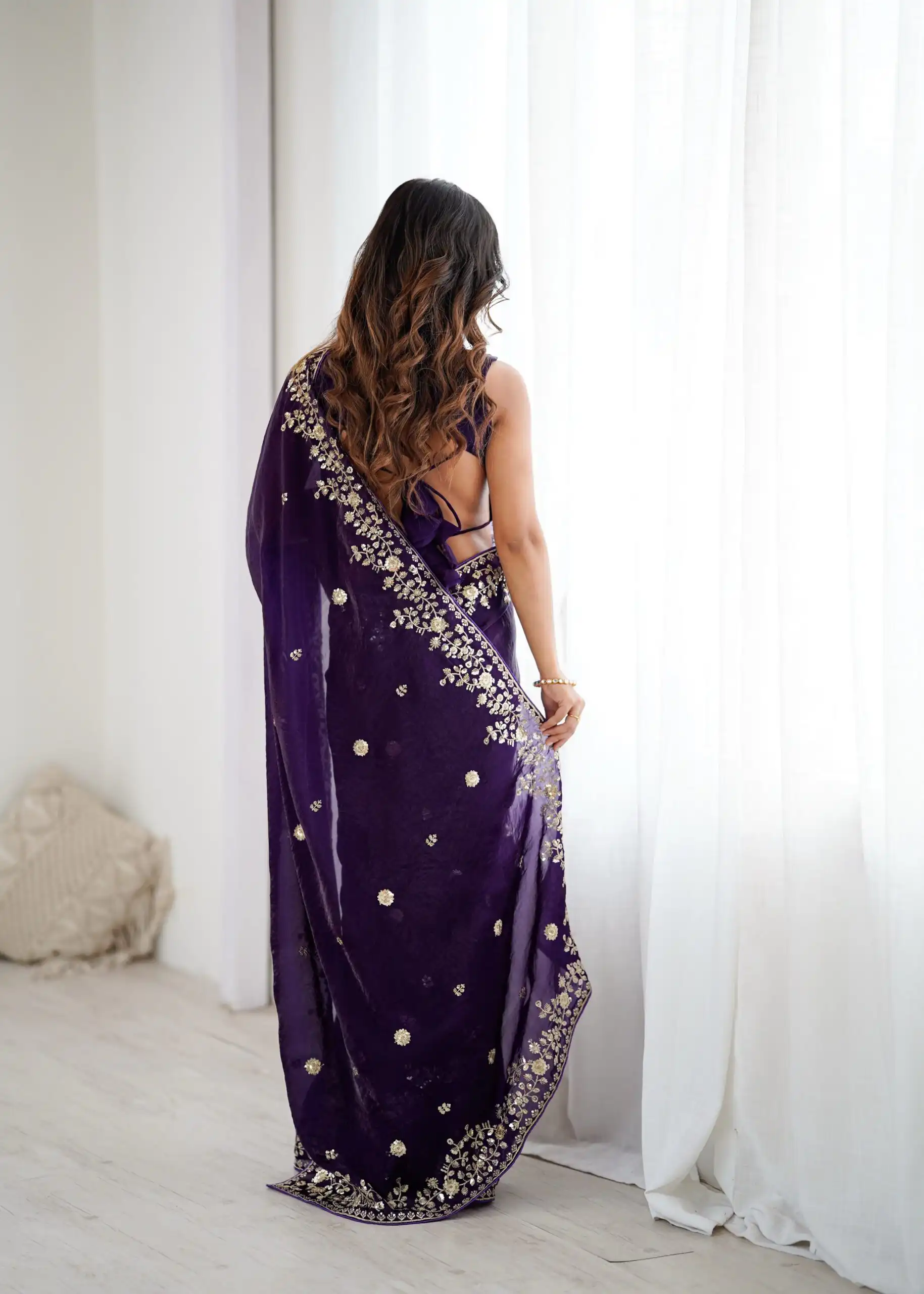 Pretty Purple Fendy Silk Embroidery Work Saree - Image 6