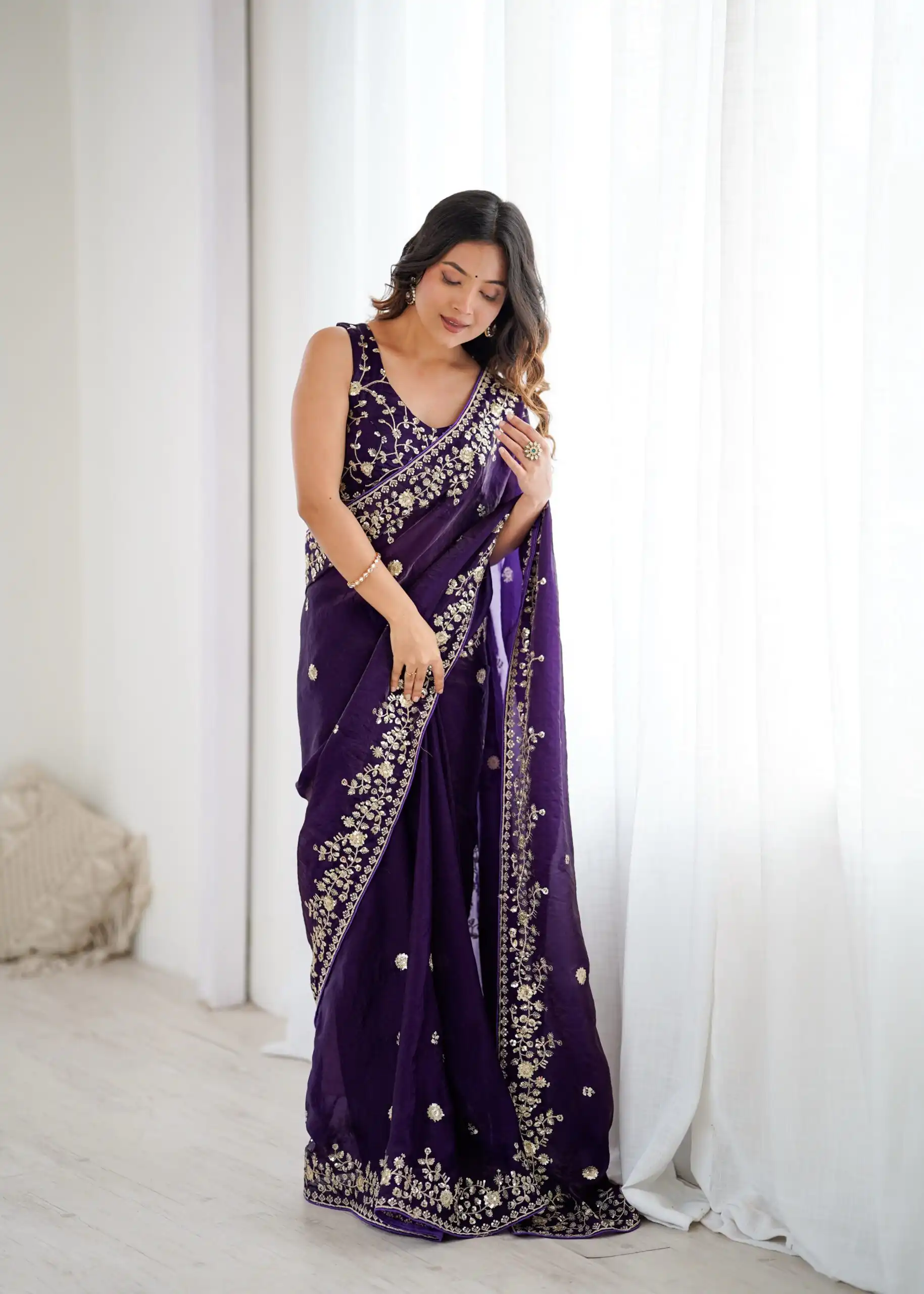 Pretty Purple Fendy Silk Embroidery Work Saree - Image 5