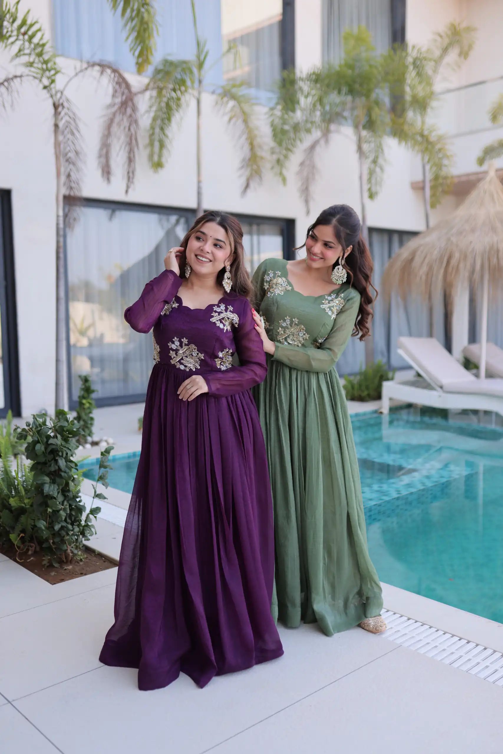 Pretty Purple Silver Crunchy Beads Work Gown - Image 2