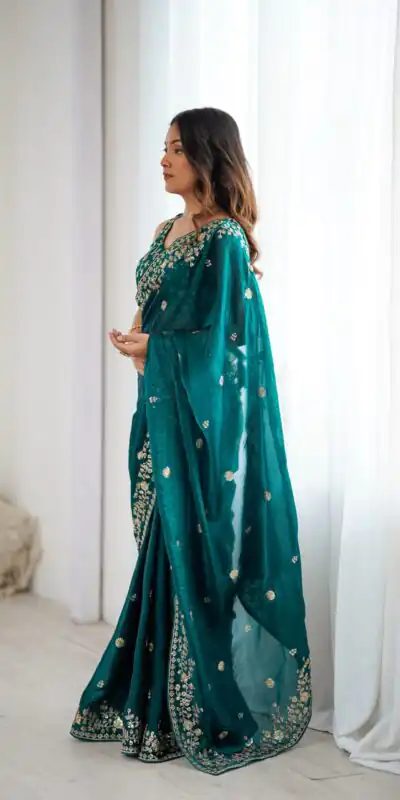Pretty Teal Fendy Silk Embroidery Work Saree