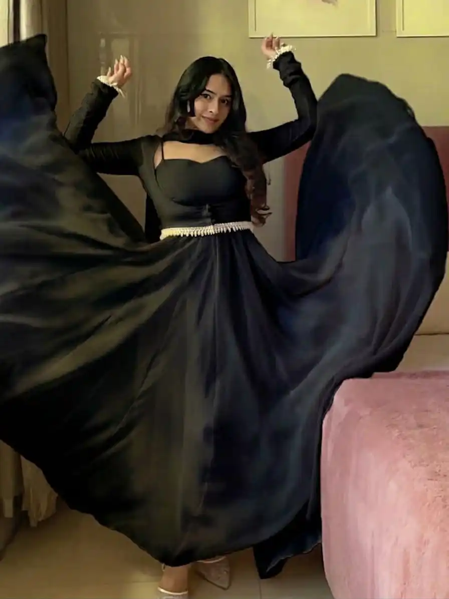 Shiny Black Faux Georgette Fancy Less Work Anarkali Suit - Image 10