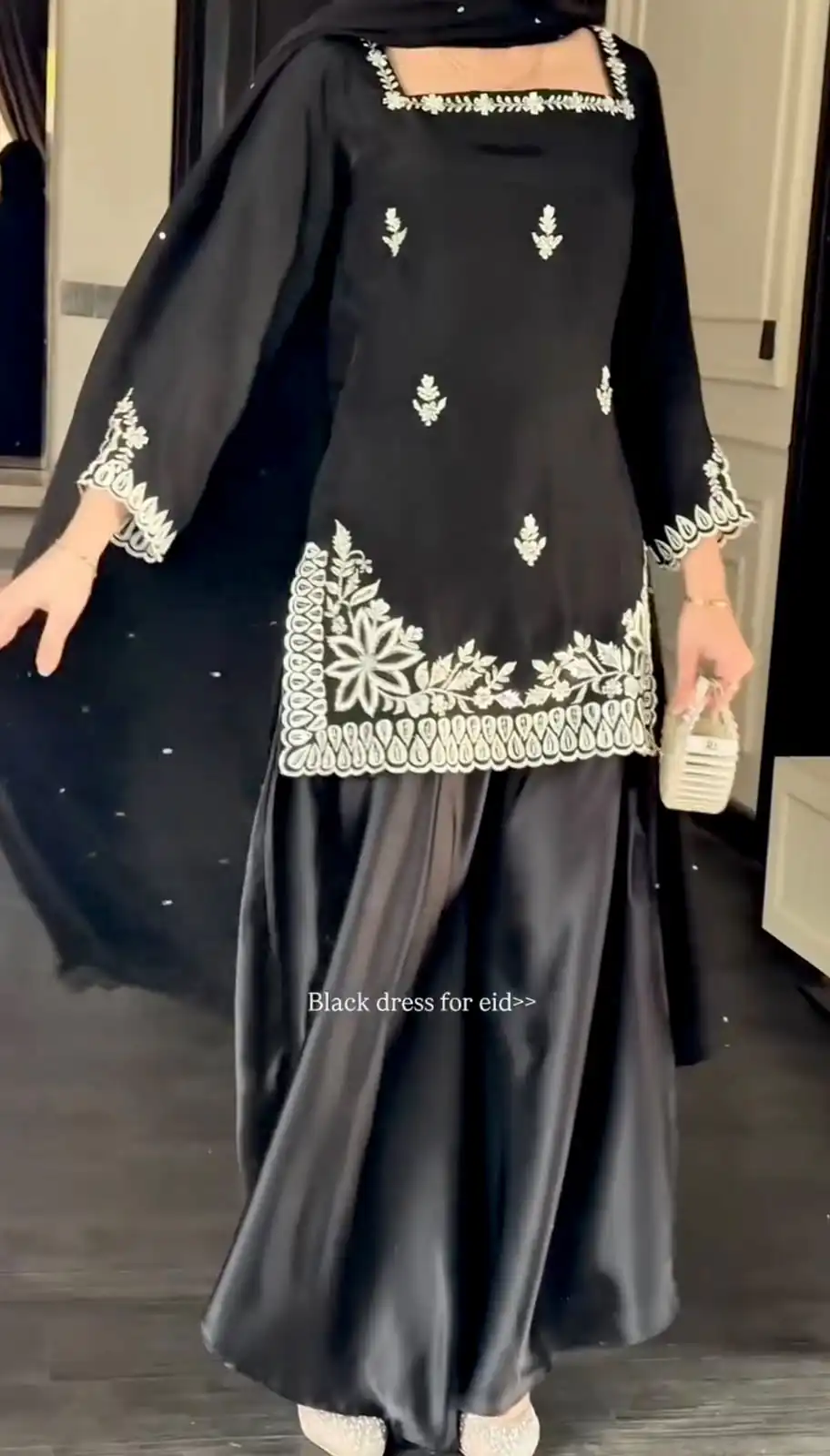 Shiny Black Natural Crepe Thread Work Salwar Suit - Image 4