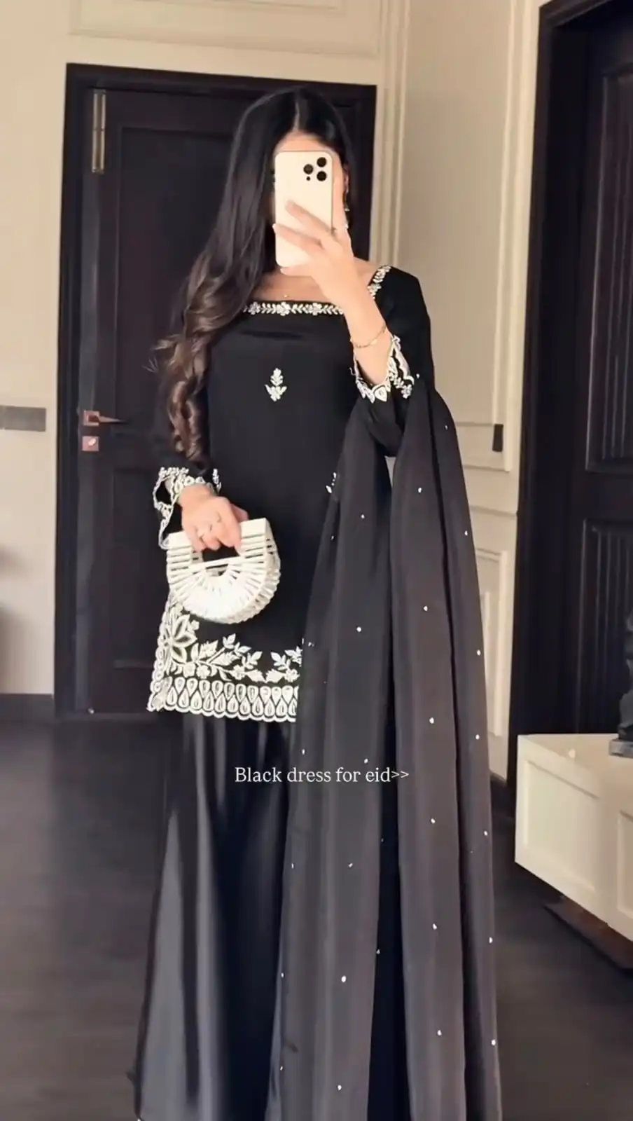 Shiny Black Natural Crepe Thread Work Salwar Suit