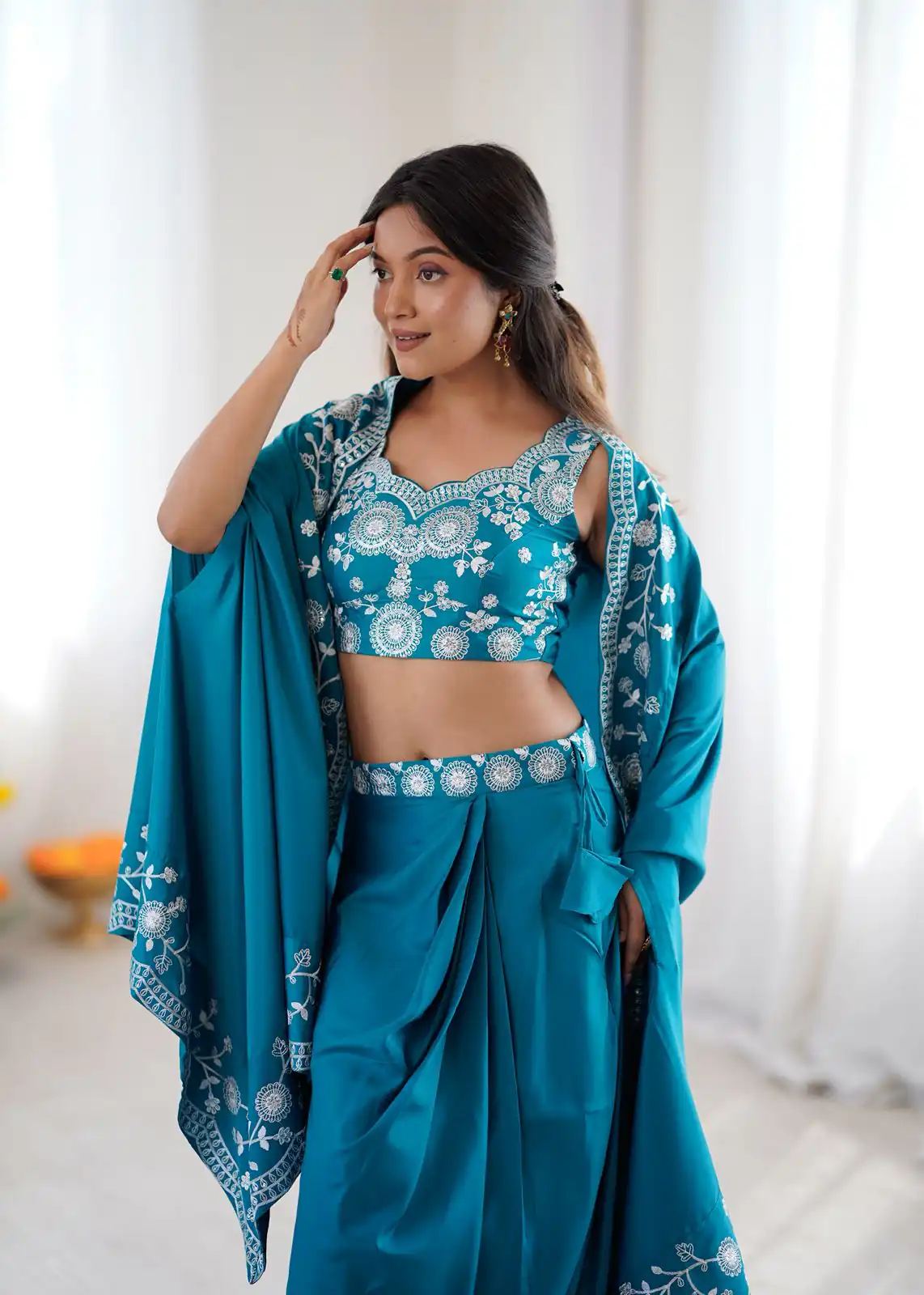 Shiny Blue Crepe Silk Sequins Work Dhoti Suit - Image 6