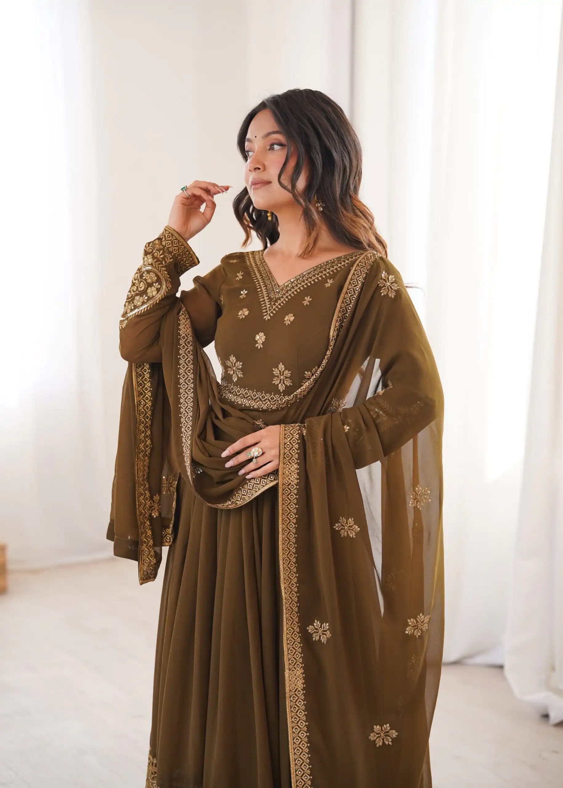 Shiny Brown Faux Georgette Sequence Work Anarkali Suit - Image 8