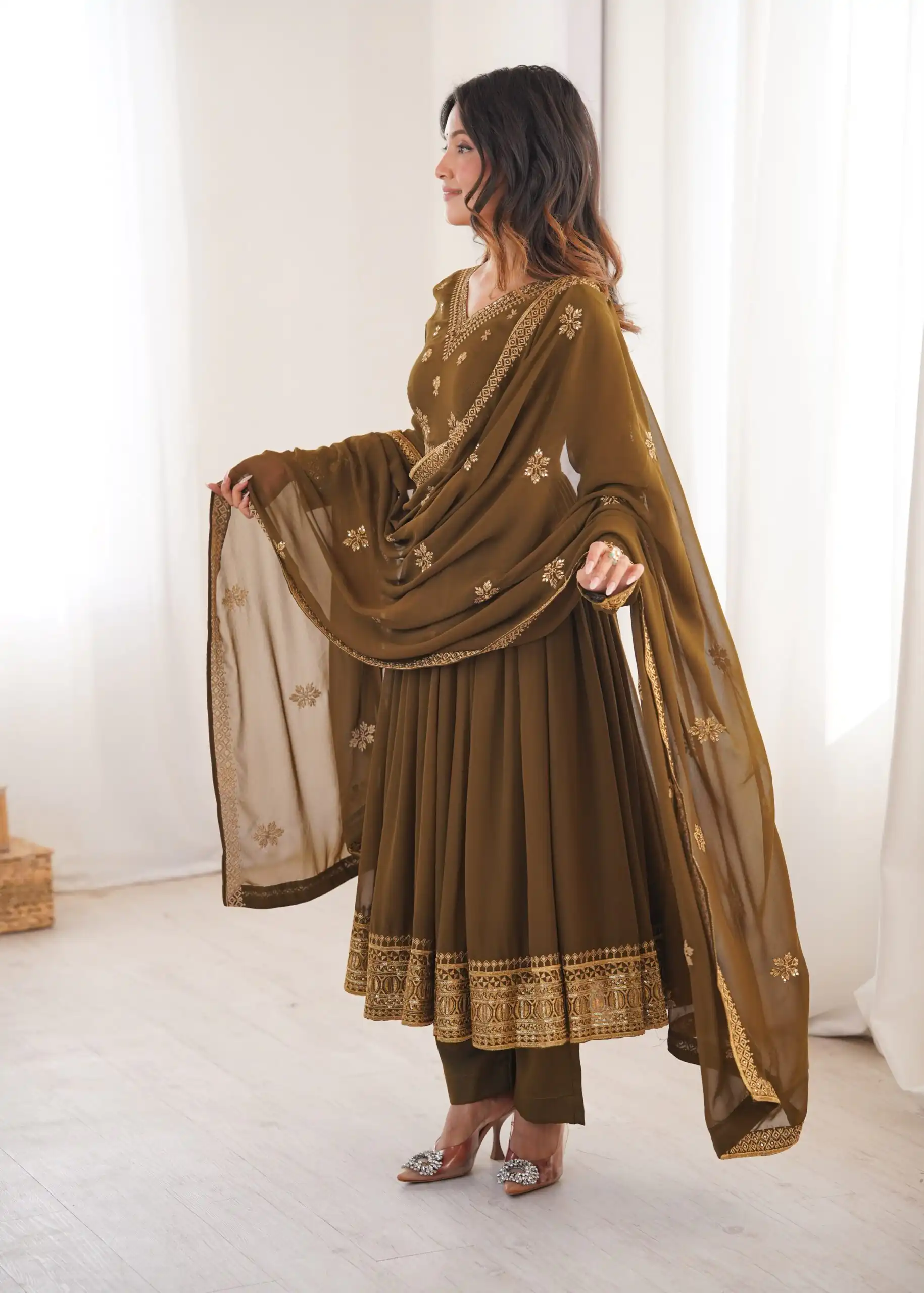 Shiny Brown Faux Georgette Sequence Work Anarkali Suit - Image 6